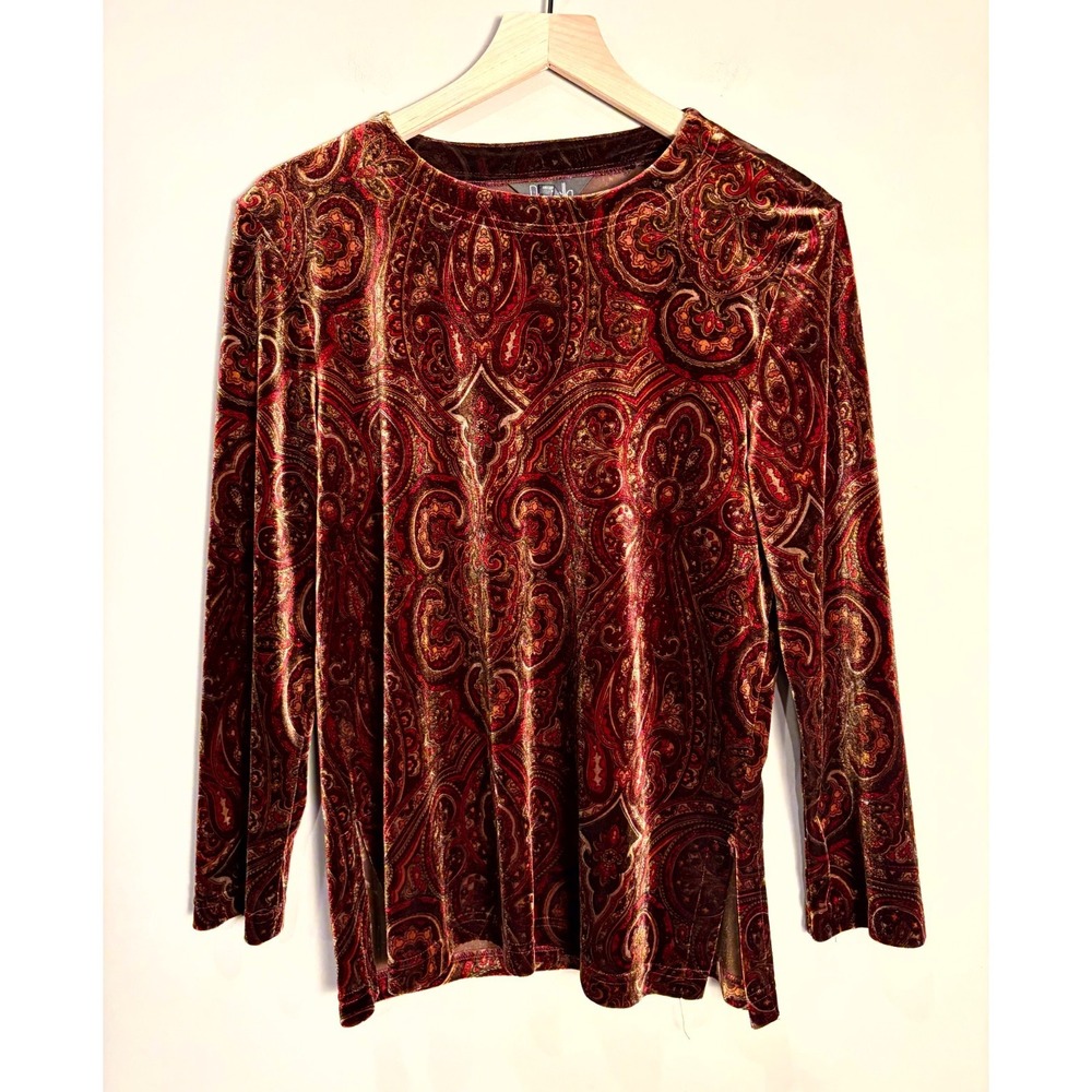 Rafaella Womens Brown Paisley Velvet Long Sleeve Earthy Forest Fairy Top Sz PM
